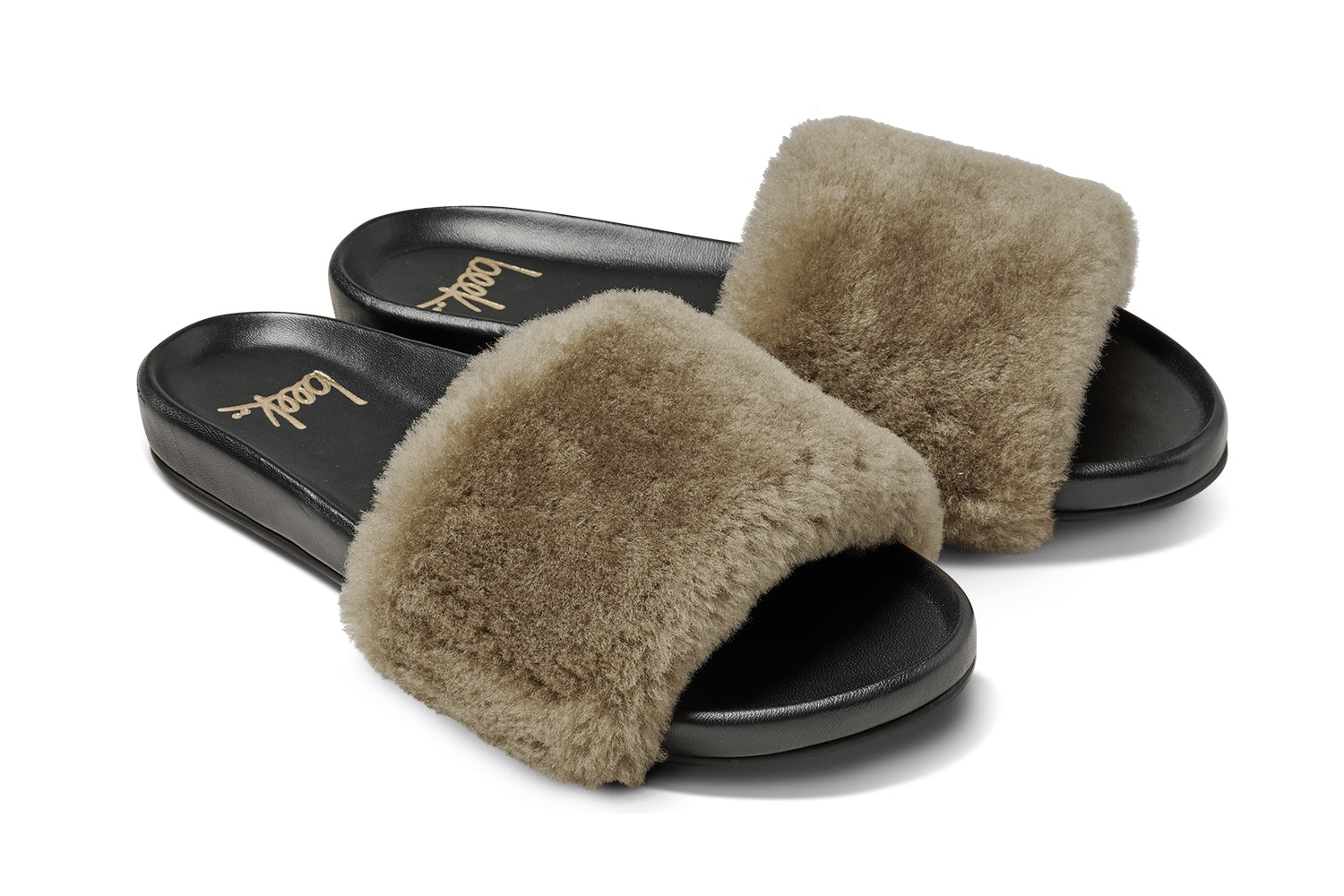 Gallito Más Shearling slide sandals in bronze/black - product angle shot