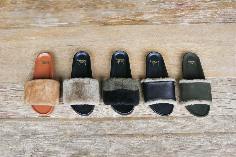 Group shot of Gallito Mas Shearling in honey/tan, bronze/black, army/black with Gallito Shearling in black and ivy.