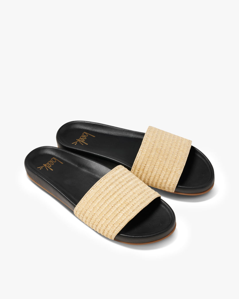 Gallito Raffia leather slide sandal in black - product angle shot