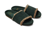 Gallito Shearling suede slides in forest - angle shot