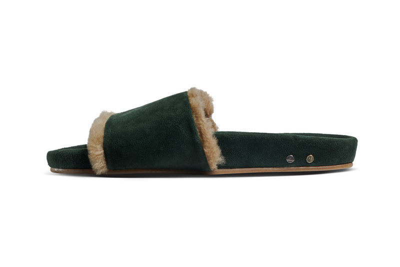 Gallito Shearling suede slides in forest - side shot