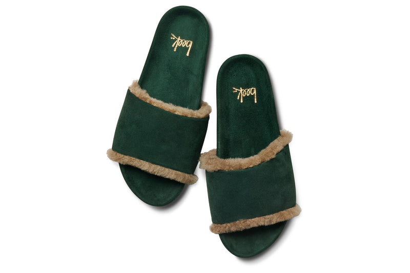 Gallito Shearling suede slides in forest - top shot