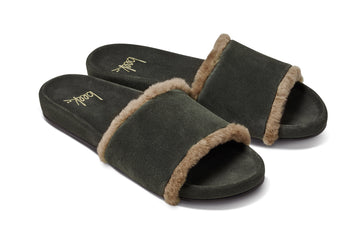 Gallito Shearling suede slide sandals in ivy - product angle shot