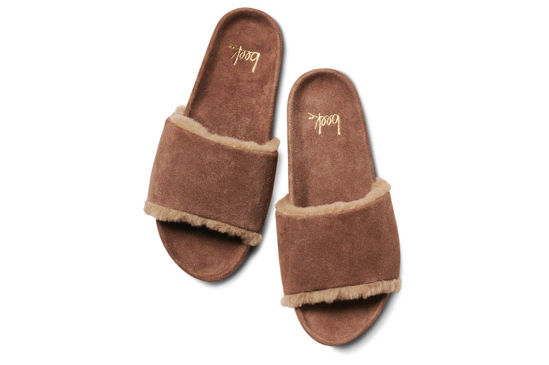 Gallito Shearling suede slide sandal in pecan - top shot