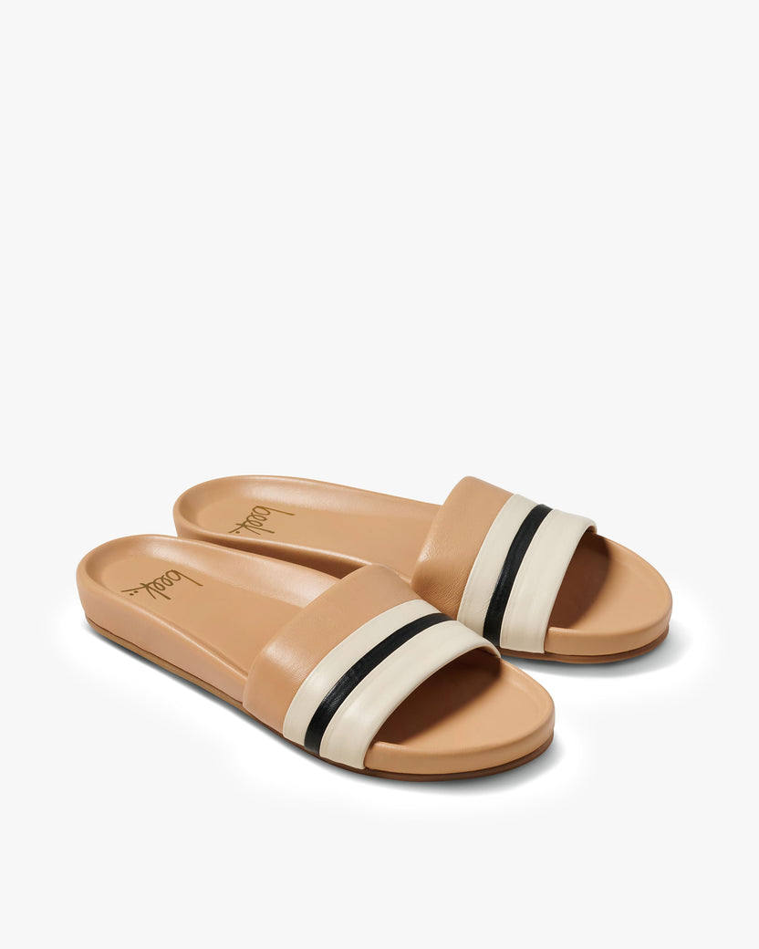 Gallito Stripe leather slide sandal in eggshell/beach - product angle shot