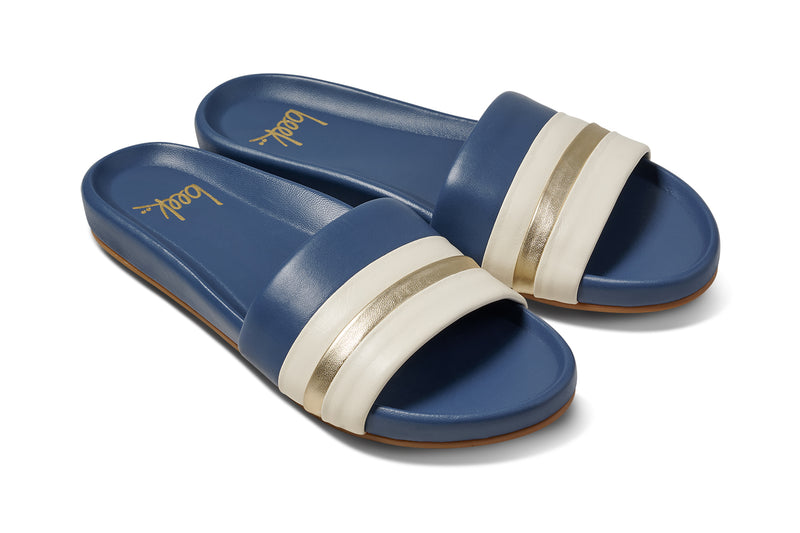 Gallito Stripe leather slide sandal in navy - product angle shot
