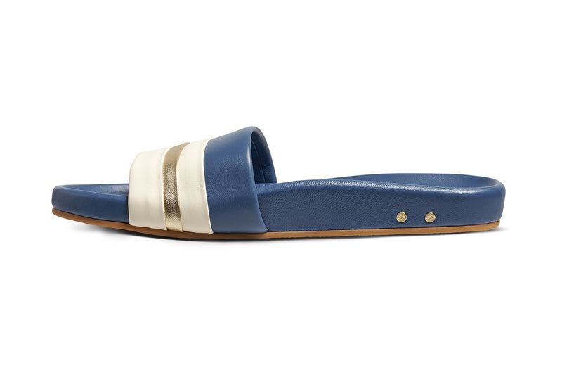 Gallito Stripe leather slide sandal in navy - product side shot