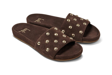 Gallito Stud suede slide sandal in coffee - product angle shot