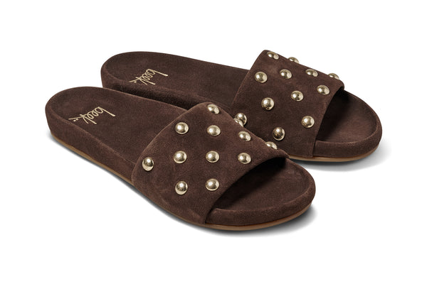 Gallito Stud suede slide sandal in coffee - product angle shot