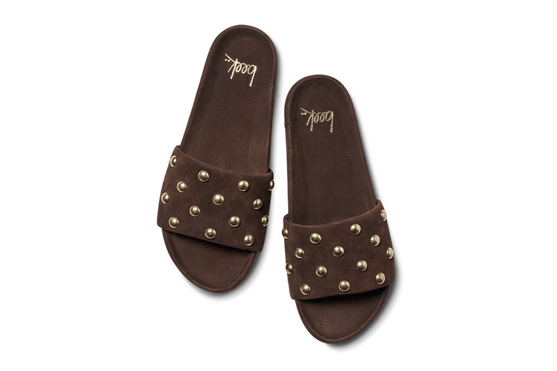 Gallito Stud suede slide sandal in coffee - product top shot