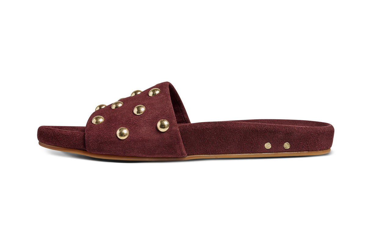 Gallito Stud suede sandals in port - product side shot