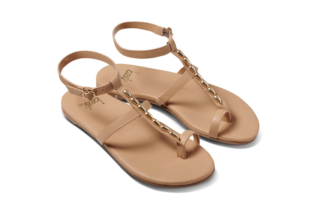 Goldenbird leather beaded ankle-strap sandal in beach - product angle shot