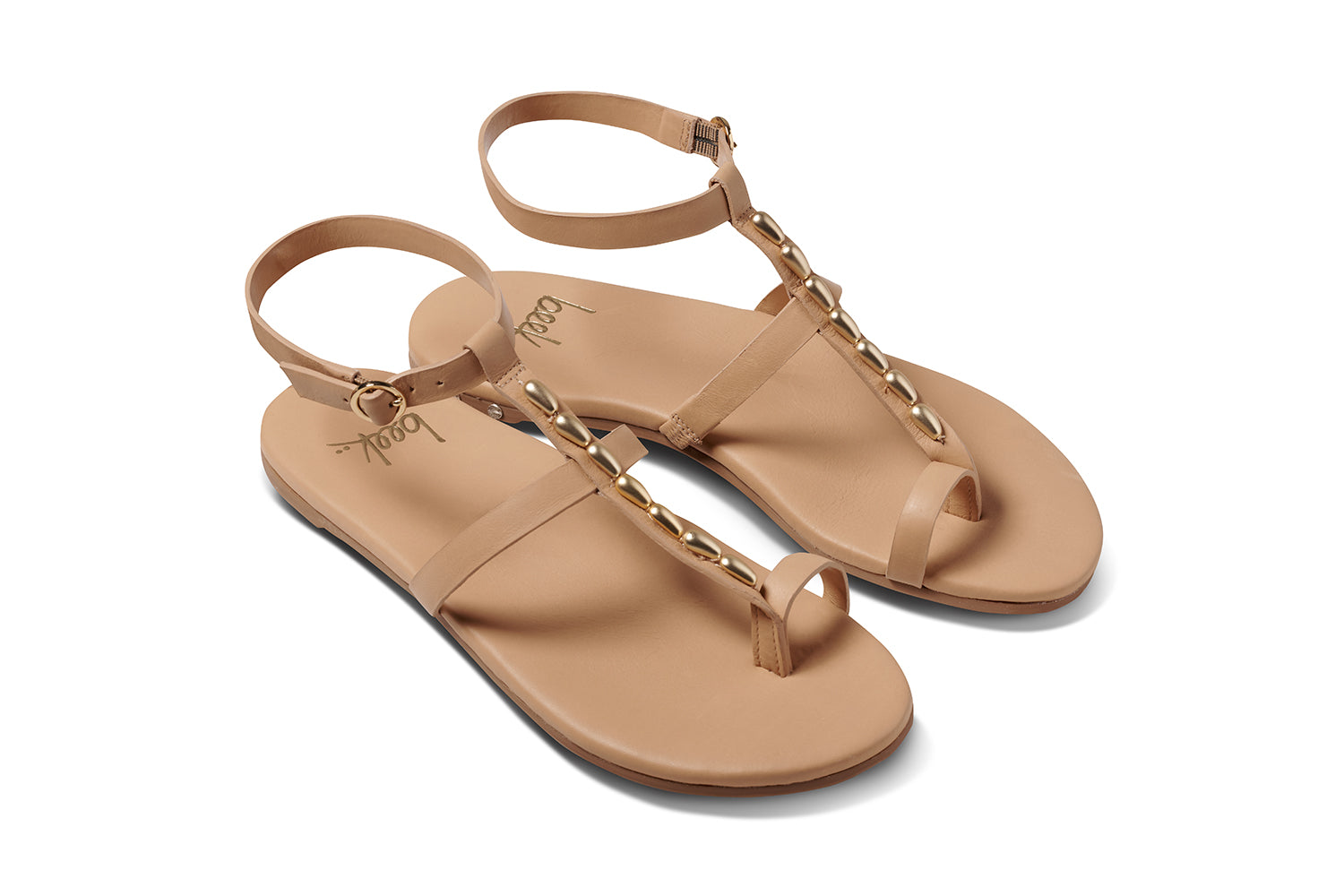 Goldenbird leather beaded ankle-strap sandal in beach - product angle shot