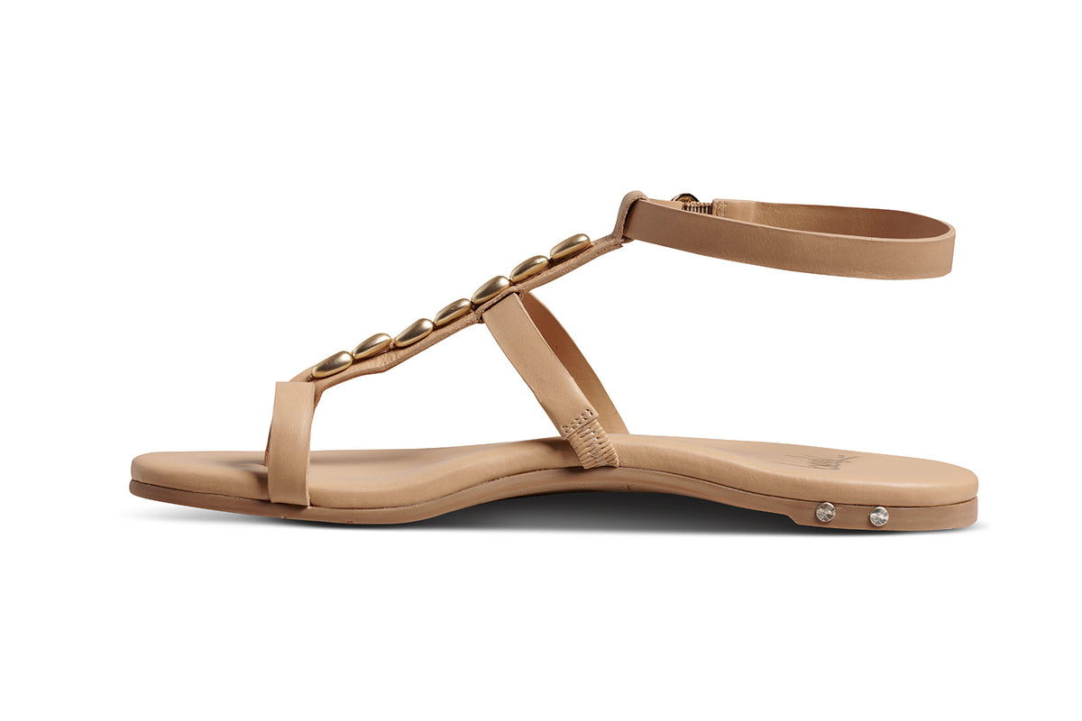 Goldenbird leather beaded ankle-strap sandal in beach - product side shot