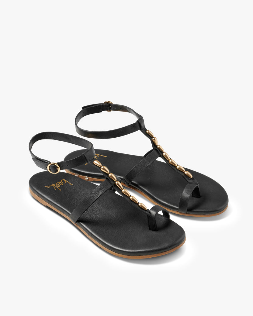 Goldenbird leather beaded ankle-strap sandal in black - product angle shot