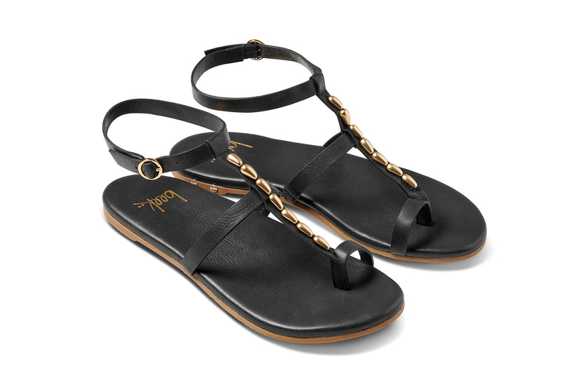 Goldenbird leather beaded ankle-strap sandal in black - product angle shot