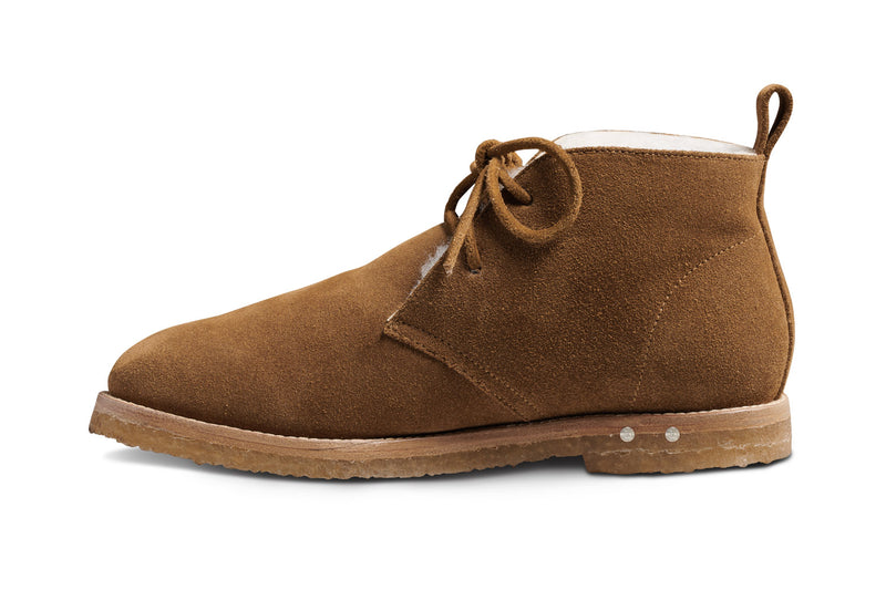 Goose suede shearling boot in chestnut - product side shot