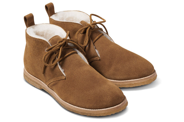 Goose suede shearling boot in chestnut - product angle shot