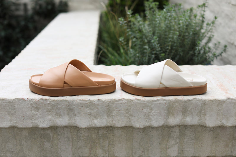 Hen leather platform criss-cross sandals in beach and eggshell