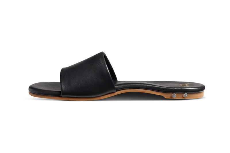 Honeybird leather slide sandals in black - side shot