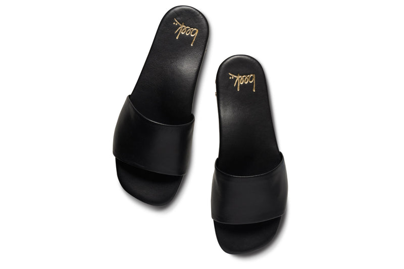 Honeybird leather slide sandals in black - top shot