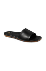 Honeybird leather slide sandals in black - single shoe angle shot