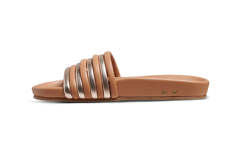 Hoopoe leather slide sandal in gold/honey - side shot