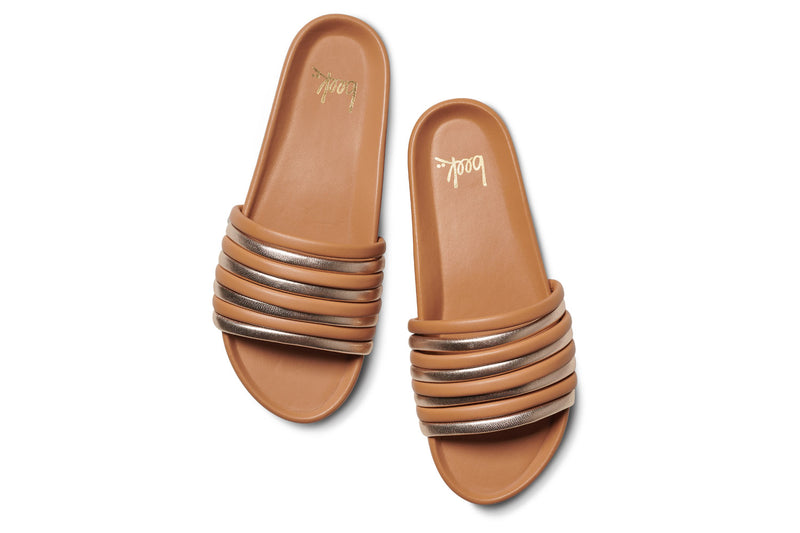 Hoopoe leather slide sandal in gold/honey - top shot