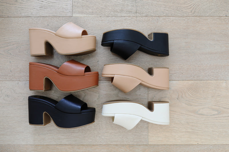 Ibis platform heel sandals in beach, tan, black with Prinia platform heel sandals in black, beach, eggshell