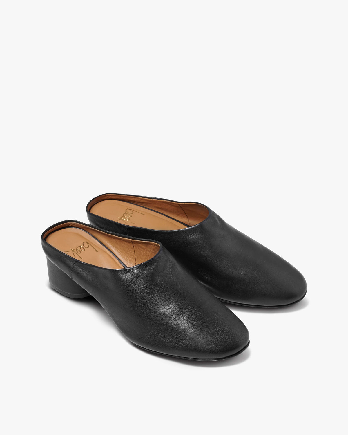 Jay leather heeled mule in black - product angle shot