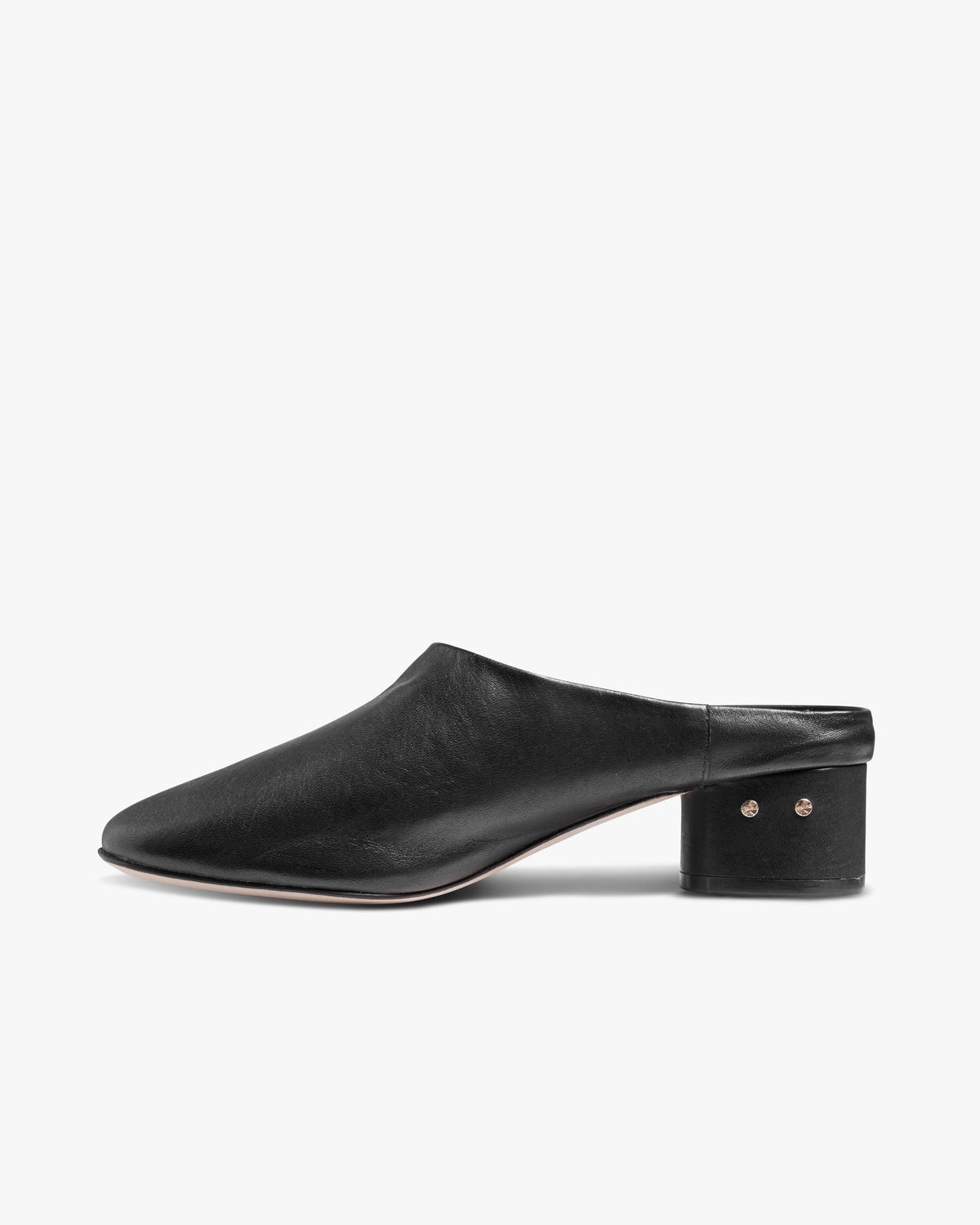 Jay leather heeled mule in black - product side shot
