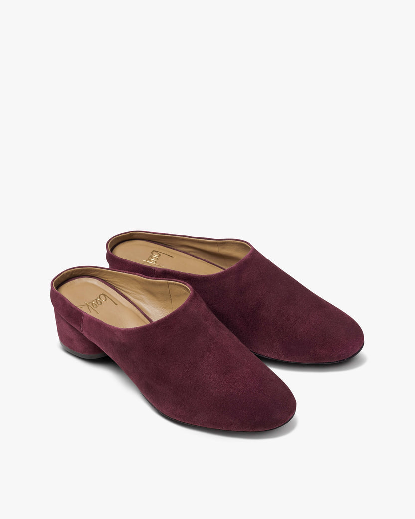 Jay suede heeled mule in prune - product angle shot
