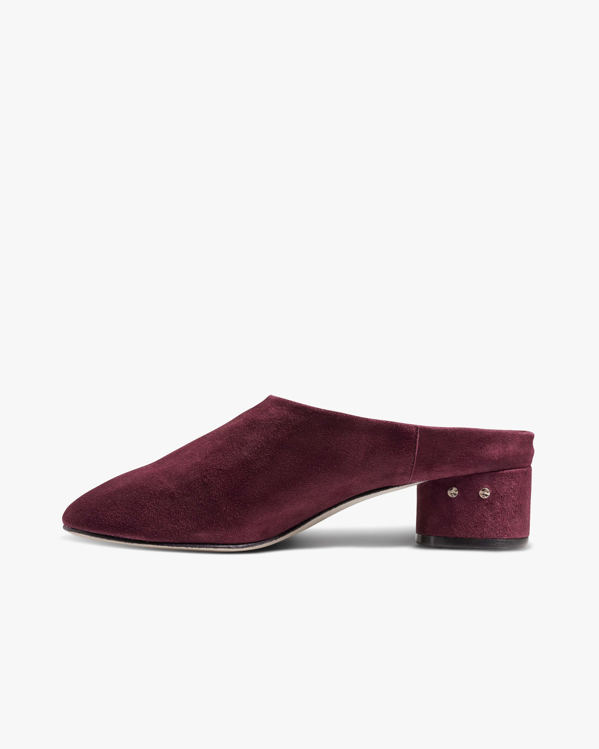 Jay suede heeled mule in prune - product side shot