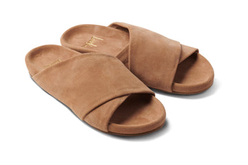KEA suede slide sandal in almond - product angle shot
