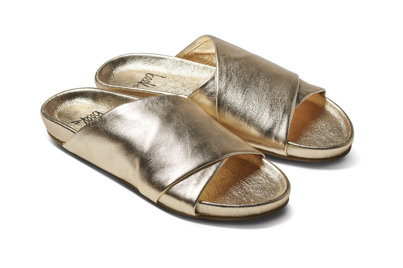 Kea leather slide sandals in gold - angle shot