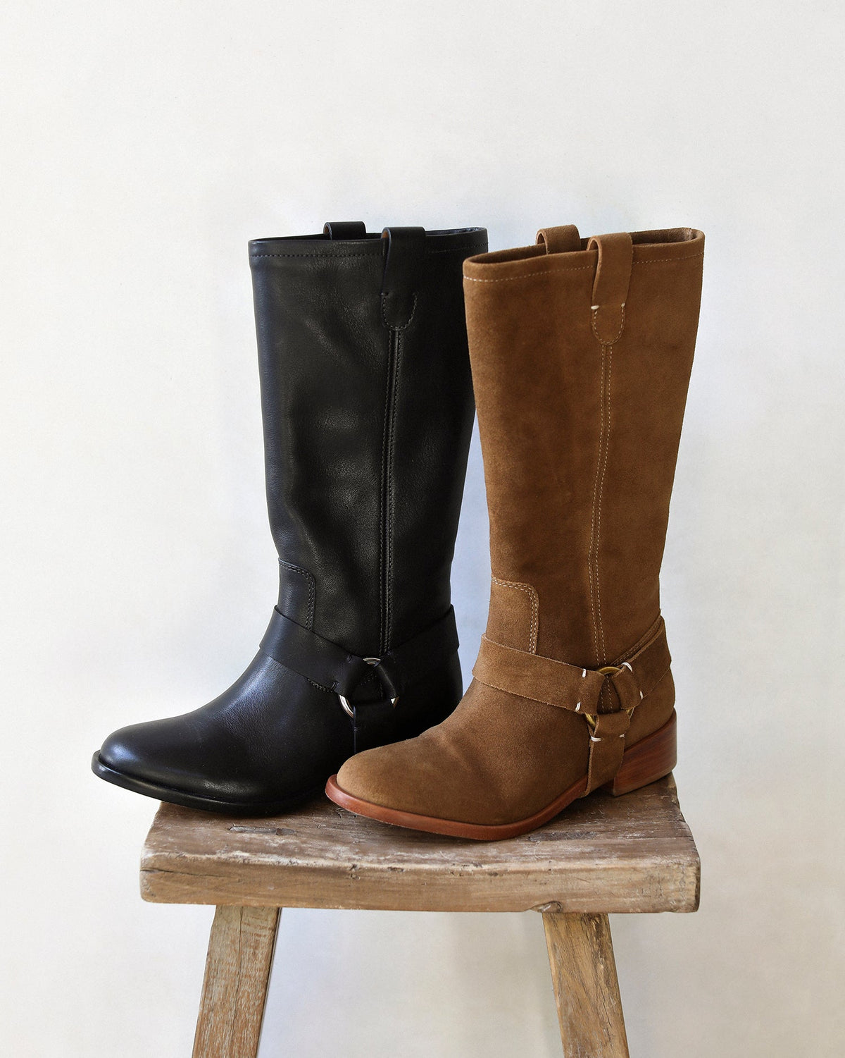 Kestrel tall knee high boots with removable harness in chestnut suede and black leather.