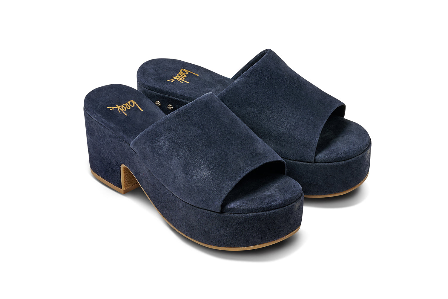 Kinglet suede platform heeled sandal in navy - product angle shot