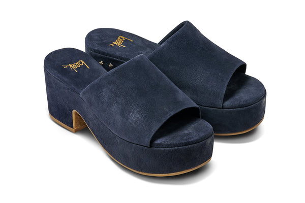 Kinglet suede platform heeled sandal in navy - product angle shot