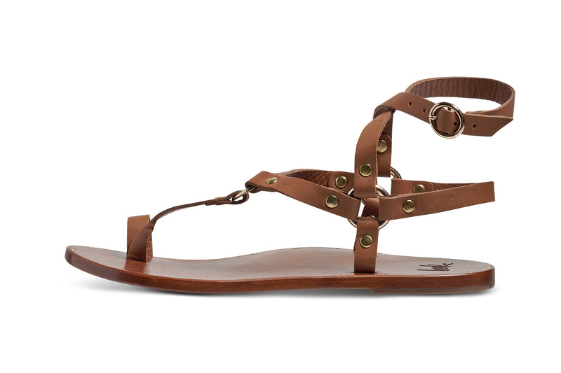 Lark leather women's ankle strap toe-ring sandal in tan - product side shot