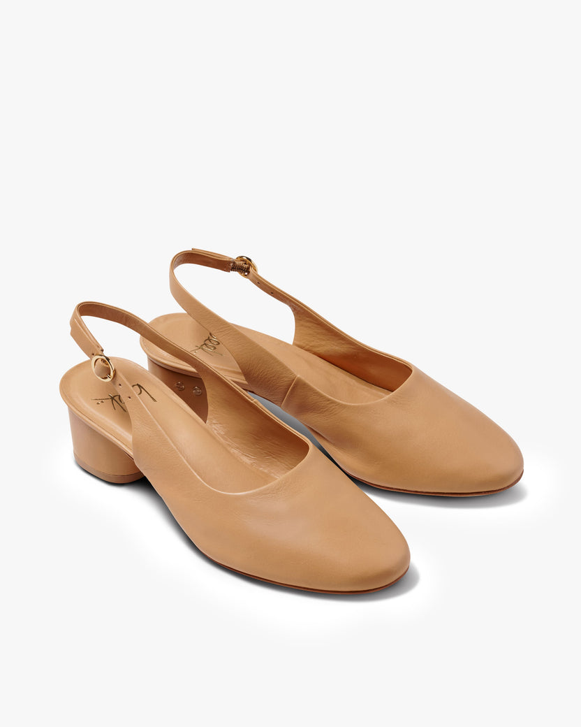 Lora leather heeled mules in beach - product side shot