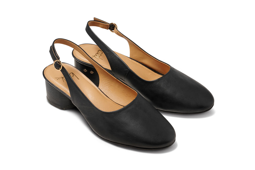 Lora leather heeled mules in black - product angle shot