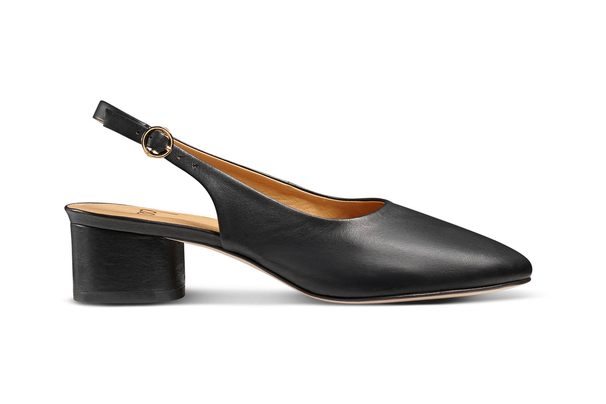 Lora leather heeled mules in black - product side shot