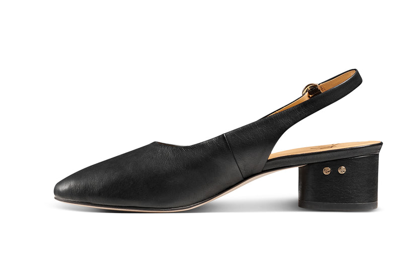 Lora leather heeled mules in black - product side shot