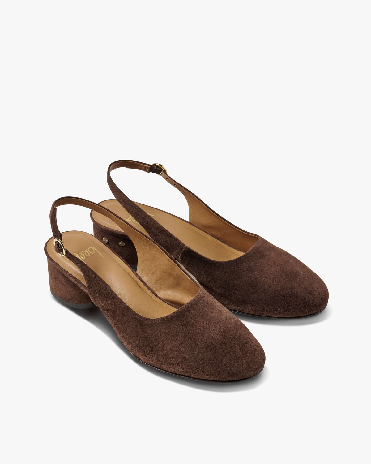 Lora suede heeled sling back shoes in chocolate - product angle shot