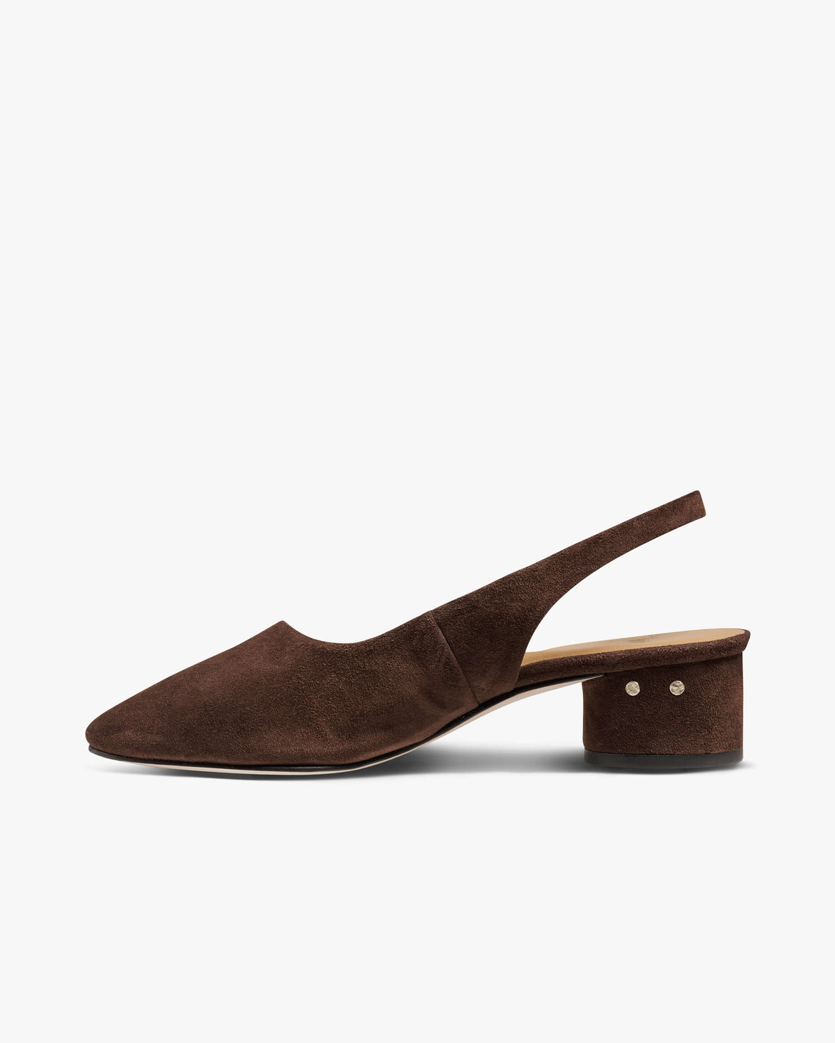 Lora suede heeled sling back shoes in chocolate - product side shot