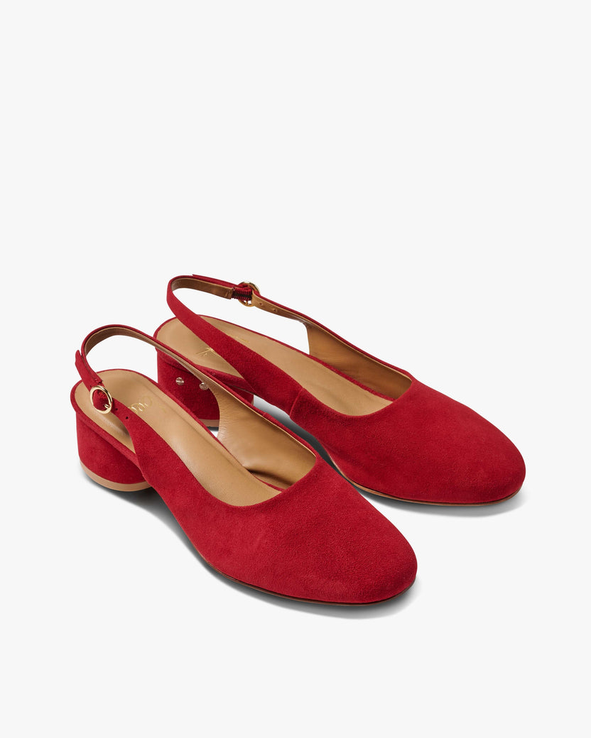Lora suede heeled sling back shoes in crimson - product angle shot