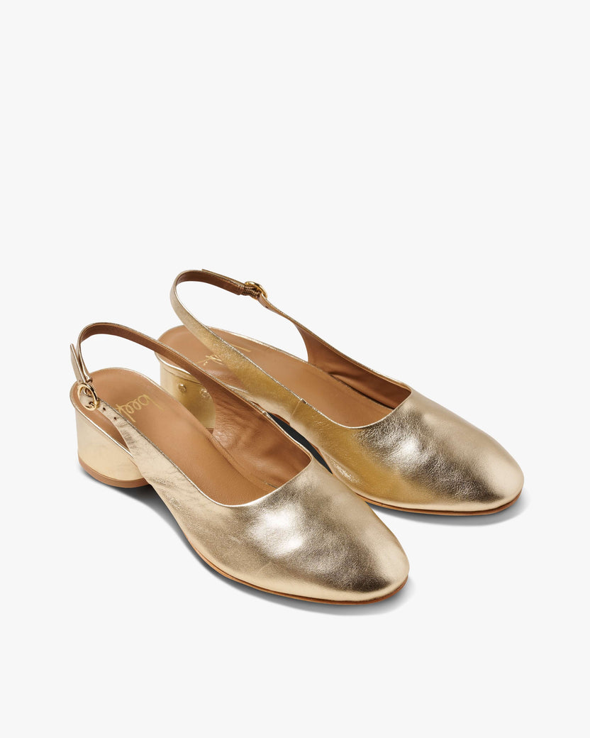 Lora leather heeled sling back shoes in gold - product angle shot