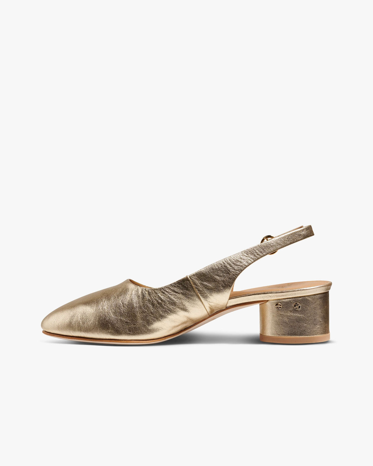 Lora leather heeled sling back shoes in gold - product side shot