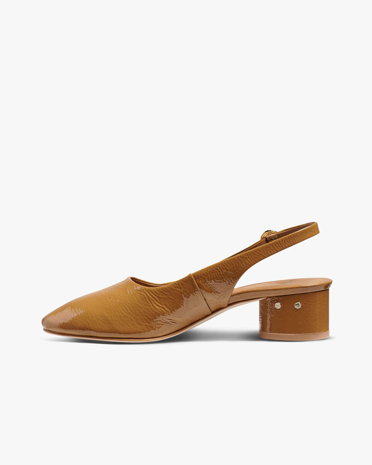 Lora patent leather heeled sling back shoes in latte - product side shot