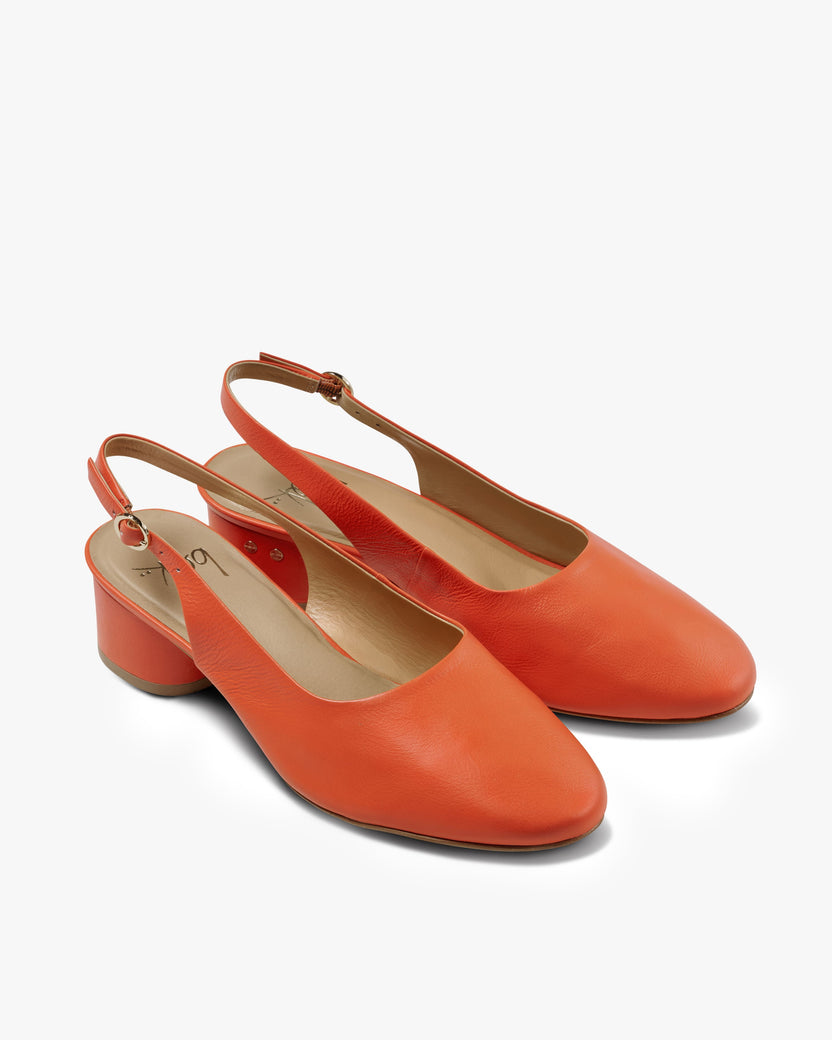 Lora leather heeled mules in tomato - product side shot